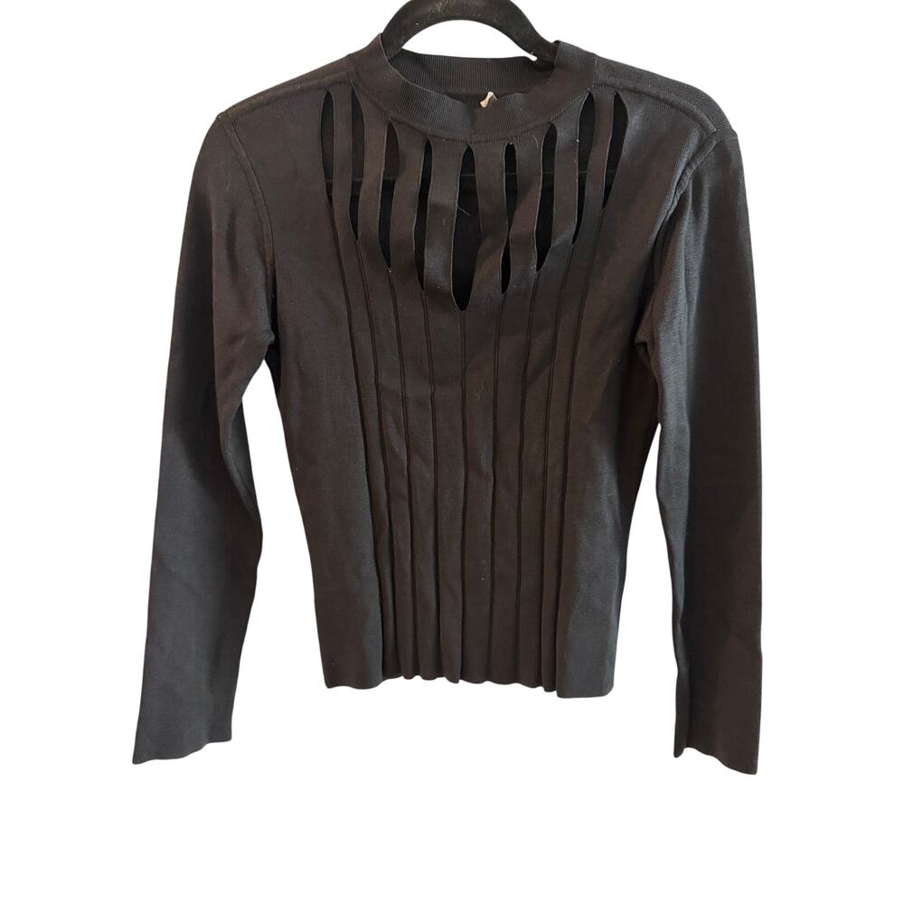 Cache Black Silk-Blend Cutout Long Sleeve Knit Top